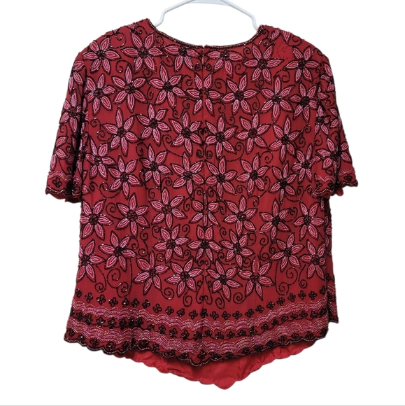 VTG Papell Boutique Red Black Evening Vintage Beaded Silk Top Fuul Back Zip EUC - Picture 3 of 8